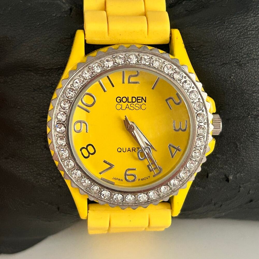 Golden Classic Crystal Bezel Yellow Dial Silicon Strap Women’s Watch Working